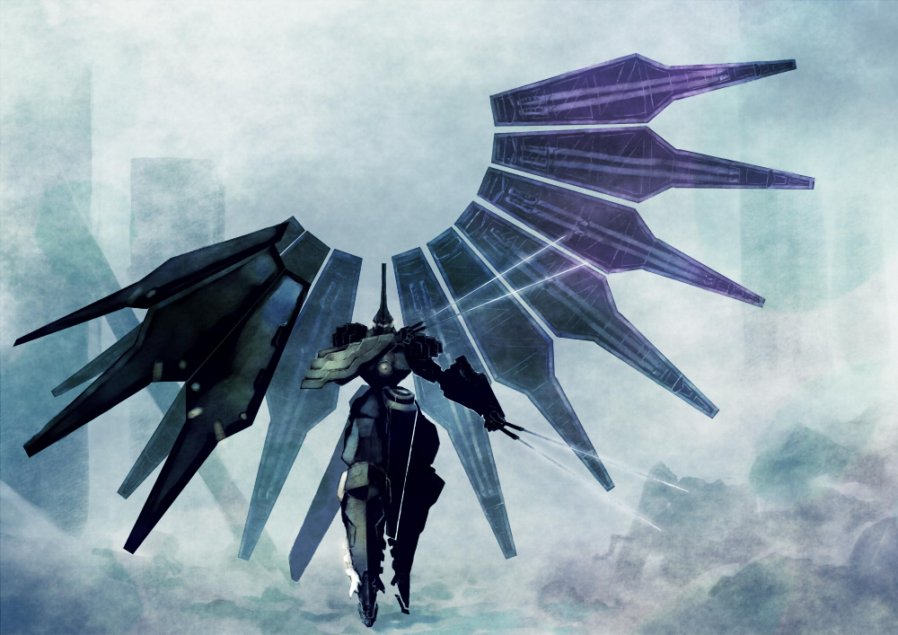 armor, building, dual_wielding, full_body, helmet, holding, holding_weapon, kurogane_no_linebarrel, mecha, misoshiru_utoma, no_humans, outdoors, robot, rubble, skyscraper, vardant, weapon