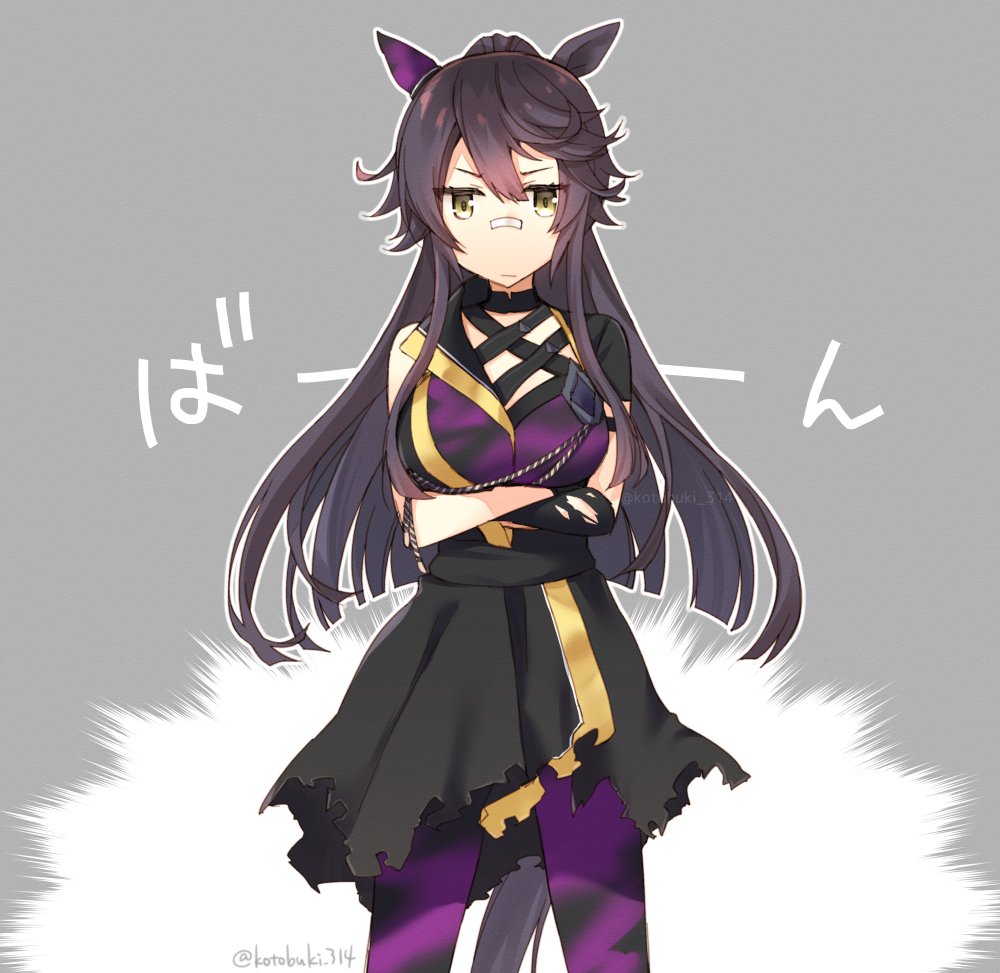 1girl, animal_ears, black_hair, breasts, brown_eyes, closed_mouth, grey_background, horse_ears