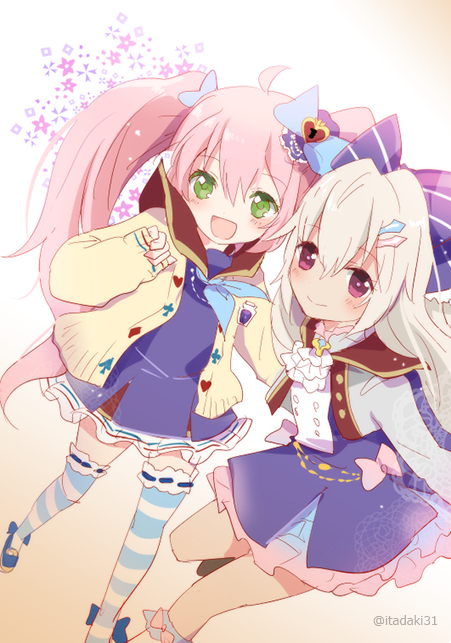 2girls, :d, blue_bow, blue_dress, blue_neckwear, blue_skirt, blush, bow