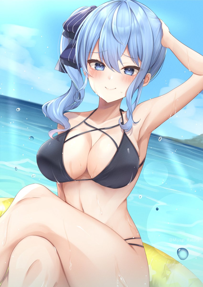 1girl, absurdres, alternate_breast_size, arm_up, armpits, bikini, black_bikini, blue_eyes
