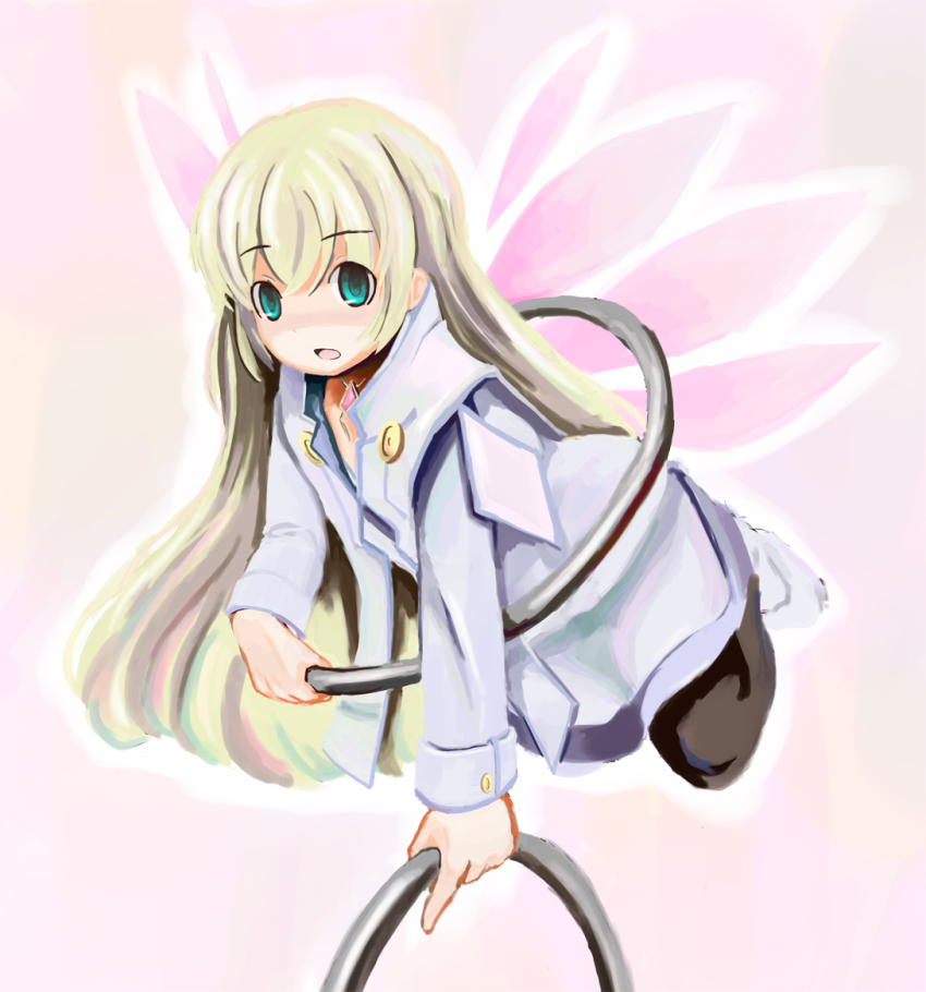 00s, 1girl, angel_wings, bad_id, bad_pixiv_id, blonde_hair, chakram, colette_brunel, female_focus, full_body, gradient_background, gradient_hair, green_eyes, jewelry, long_hair, microdrive, multicolored_hair, necklace, pantyhose, solo, tales_of_(series), tales_of_symphonia, weapon, wings