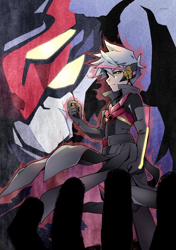 1boy, aura, black_gloves, blue_hair, chun_(chun-tomeko), clenched_hand, dark_shinkalion, elbow_gloves, extra_eyes, from_side, gloves, holding_person, looking_at_viewer, male_focus, mecha, multicolored_hair, pilot_suit, pink_hair, robot, science_fiction, shinkalion_(series), shinkansen_henkei_robo_shinkalion, shinkansen_henkei_robo_shinkalion_z, solo_focus, spoilers, streaked_hair, usui_abuto, yellow_eyes