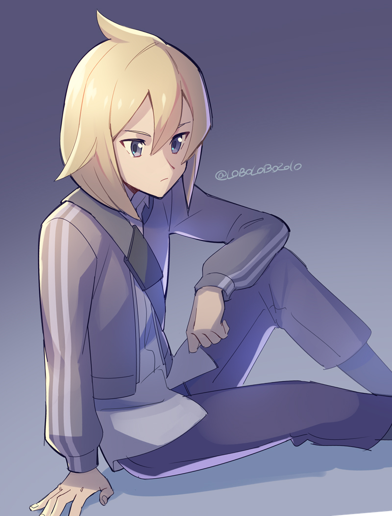 1boy, arm_support, blonde_hair, commentary, cowlick, from_side, grey_eyes, grey_jacket