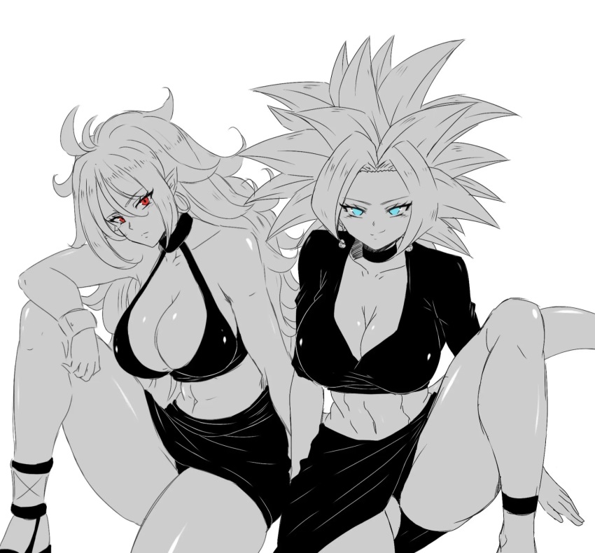 2girls, abs, android_21, blue_eyes, breasts, darwaarts, dragon_ball, dragon_ball_fighterz, dragon_ball_super, earrings, fusion, greyscale, highres, jewelry, kefla_(dragon_ball), majin_android_21, monochrome, multiple_girls, pointy_ears, potara_earrings, red_eyes, saiyan, short_hair, super_saiyan, thick_thighs, thighs