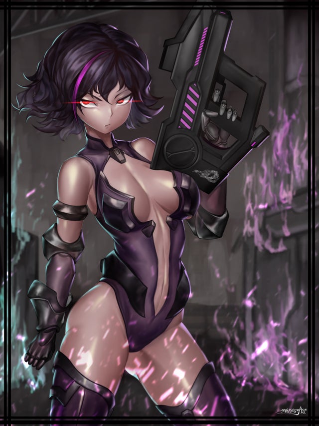 1girl, black_hair, breasts, cleavage, cleavage_cutout, clothing_cutout, girls'_frontline, gun