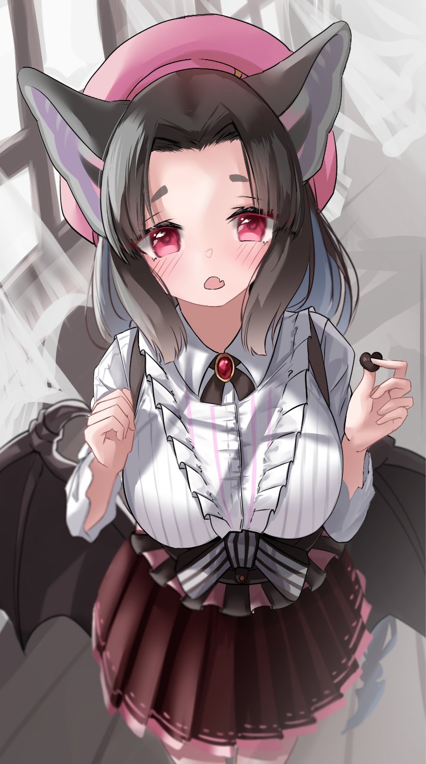 animal_ears, bat_ears, bat_girl, bat_wings, beret, blush, brown_hair, brown_skirt, buchibussei, candy, center_frills, chocolate, chocolate_heart, collared_shirt, commentary_request, fang, food, forehead, fraternal_myotis_(kemono_friends), frills, from_above, hat, heart, highres, kemono_friends, kemono_friends_3, long_hair, long_sleeves, looking_at_viewer, official_alternate_costume, open_mouth, pink_hair, pleated_skirt, red_eyes, shirt, skirt, solo, striped_clothes, striped_shirt, suspender_skirt, suspenders, white_shirt, wings
