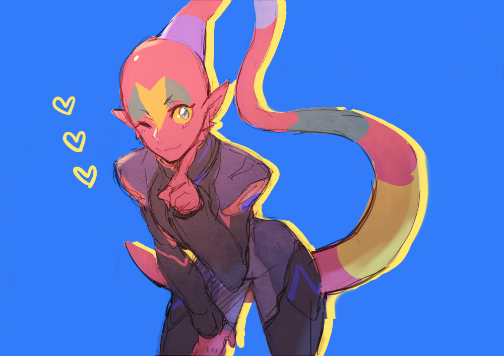 1girl, :3, alien, black_bodysuit, blue_background, blue_eyes, bodysuit, closed_mouth, colored_sclera, colored_skin, commentary_request, cowboy_shot, ezor_(voltron), hand_on_thigh, heart, hyakujuu-ou_golion, looking_at_viewer, one_eye_closed, pilot_suit, pointy_ears, ponzu_(beetle_burner), red_skin, solo, voltron:_legendary_defender, voltron_(series), yellow_sclera