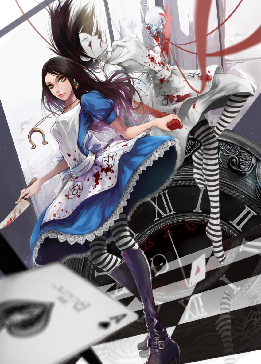 1girl, absurdres, alice:_madness_returns, alice_(alice_in_wonderland), american_mcgee's_alice, apron, black_hair, blood