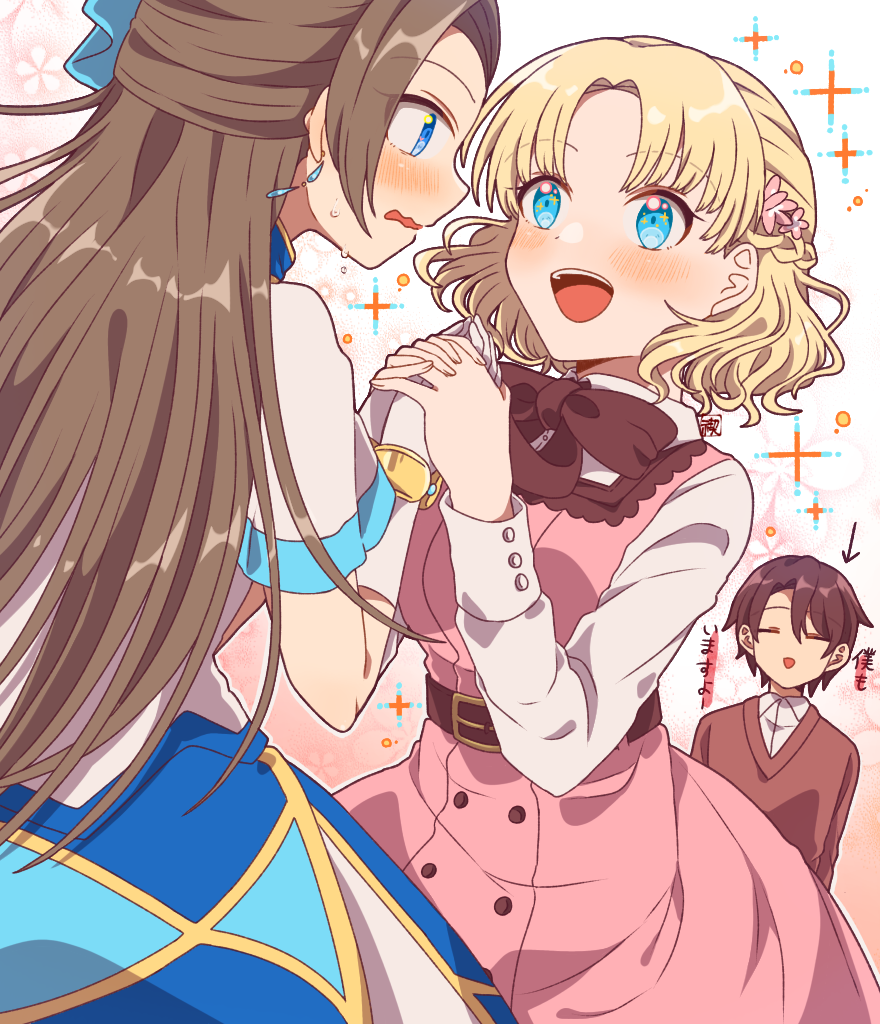 1boy, 2girls, :d, blonde_hair, blush, brown_hair, dress, embarrassed, eye_contact, hand_grab, katarina_claes, looking_at_another, maria_campbell, misogi_ria, multiple_girls, open_mouth, otome_game_no_hametsu_flag_shika_nai_akuyaku_reijou_ni_tensei_shite_shimatta, pinafore_dress, raphael_wolt, sleeveless_dress, smile, sparkling_eyes, wavy_mouth