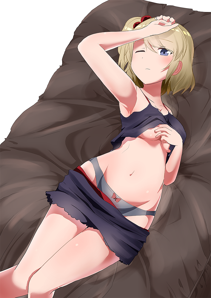 1girl, armpits, azur_lane, bed, bed_sheet, breasts, brown_hair, commentary_request, grey_eyes, grey_panties, groin, hair_between_eyes, hand_on_own_head, knees_together_feet_apart, looking_at_viewer, lying, midriff, navel, official_alternate_costume, one_eye_closed, one_side_up, pajamas, panties, short_hair, sidelocks, solo, toro_yurei, underboob, underwear, z23_(azur_lane), z23_(keeper_of_the_comf-fort)_(azur_lane)