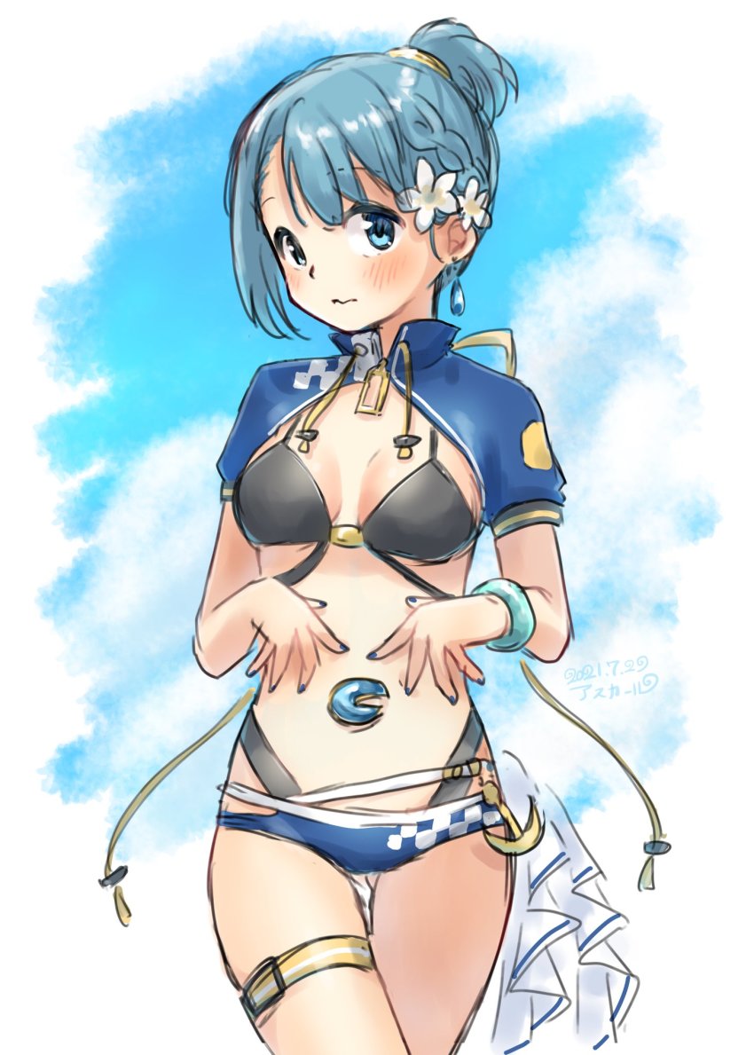 1girl, asukaru_(magika_ru), blue_eyes, blue_hair, blue_nails, blush, braid, breasts