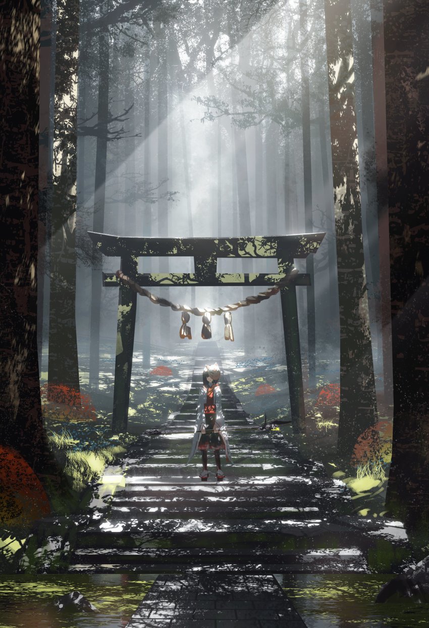 1girl, absurdres, asteroid_ill, bad_id, bad_twitter_id, black_hair, dappled_sunlight, day, forest, fox_mask, genshin_impact, hakama, hakama_skirt, hanachirusato_(genshin_impact), highres, holding, japanese_clothes, long_sleeves, mask, mask_on_head, miko, nature, outdoors, red_hakama, ribbon-trimmed_sleeves, ribbon_trim, sandals, scenery, sclera_(asteroid_ill), short_hair, skirt, solo, stairs, standing, sunlight, tabi, torii, tree, wide_sleeves, zouri