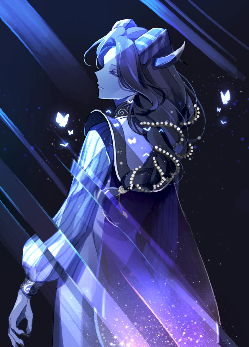 1girl, bad_id, bad_pixiv_id, black_background, black_hair, bug, butterfly, closed_eyes, fiona_gilman, horns, identity_v, insect, joseph_desaulniers, joseph_desaulniers_(azrael), kouri_(kyorosuukeeeeeee), light_rays, long_sleeves, solo, standing, white_butterfly