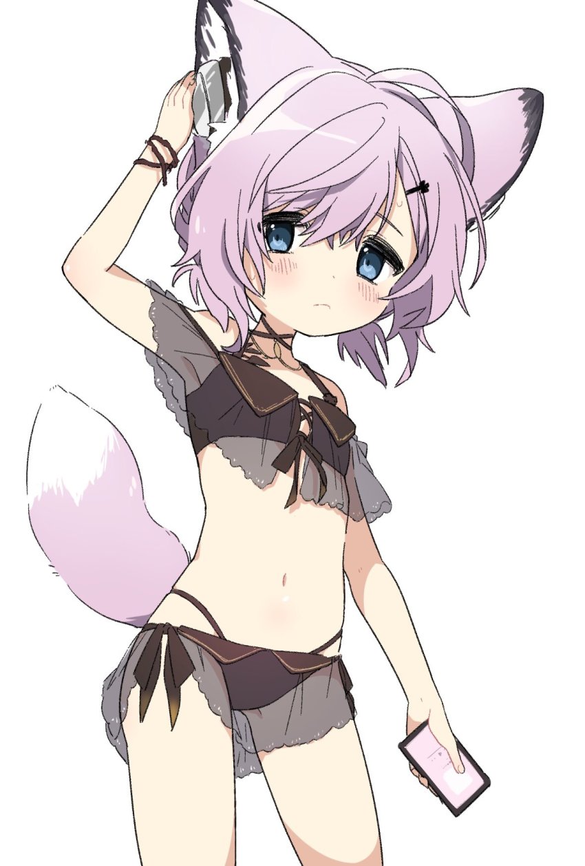 1girl, animal_ears, arknights, bikini, black_bikini, blue_eyes, cellphone, commentary_request, earpiece, flat_chest, fox_ears, fox_girl, fox_tail, hand_up, highres, holding, holding_phone, loli, material_growth, navel, official_alternate_costume, oripathy_lesion_(arknights), phone, pink_hair, short_hair, simple_background, smartphone, solo, sussurro_(arknights), sussurro_(summer_flower)_(arknights), swimsuit, tail, white_background, yukijiro
