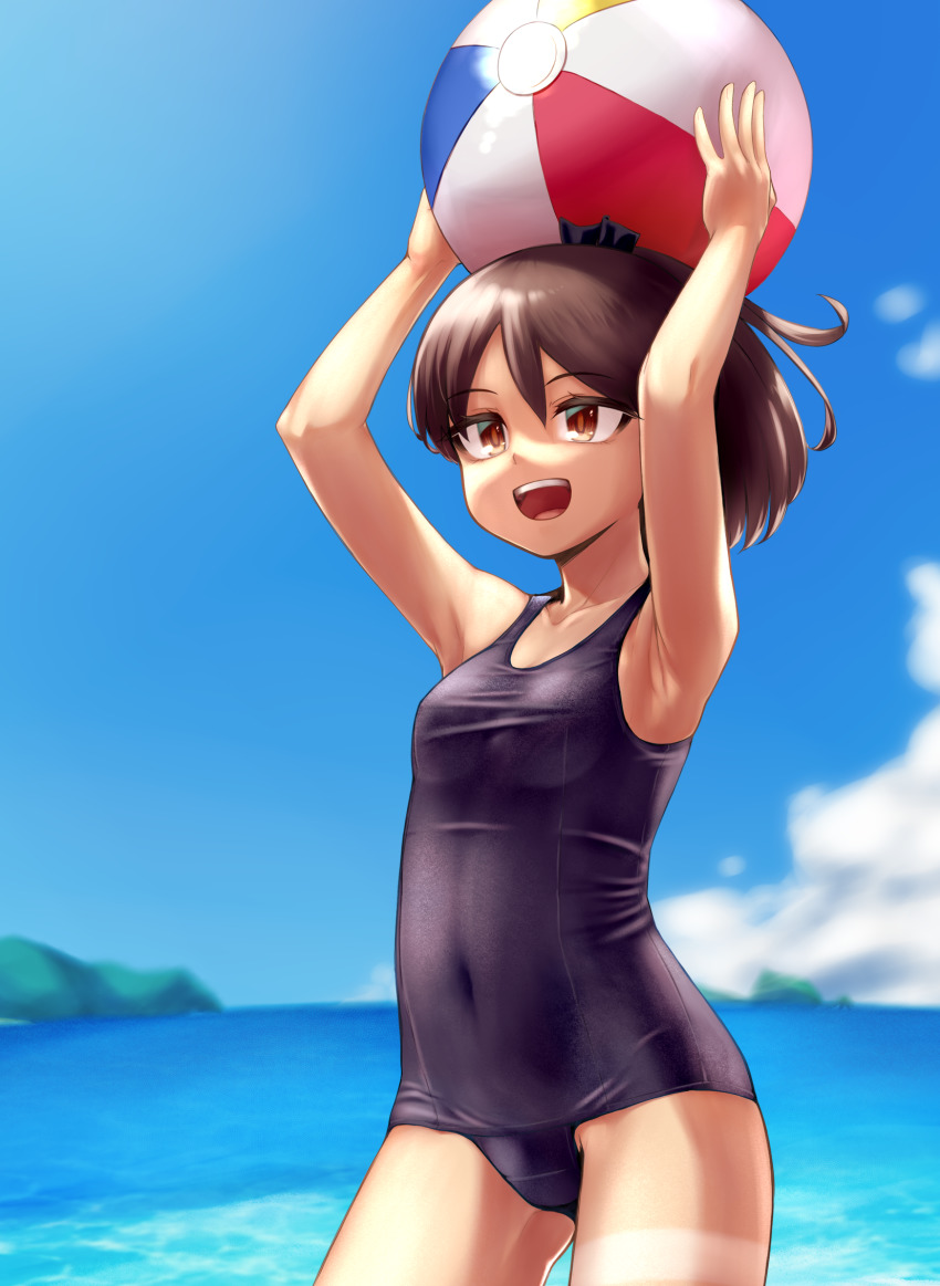 1girl, alternate_costume, armpits, arms_up, ball, beachball, black_one-piece_swimsuit, blue_sky