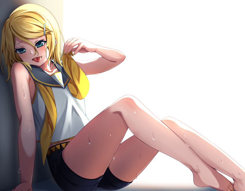 1girl, absurdres, against_wall, barefoot, black_shorts, blonde_hair, blue_eyes, collared_shirt