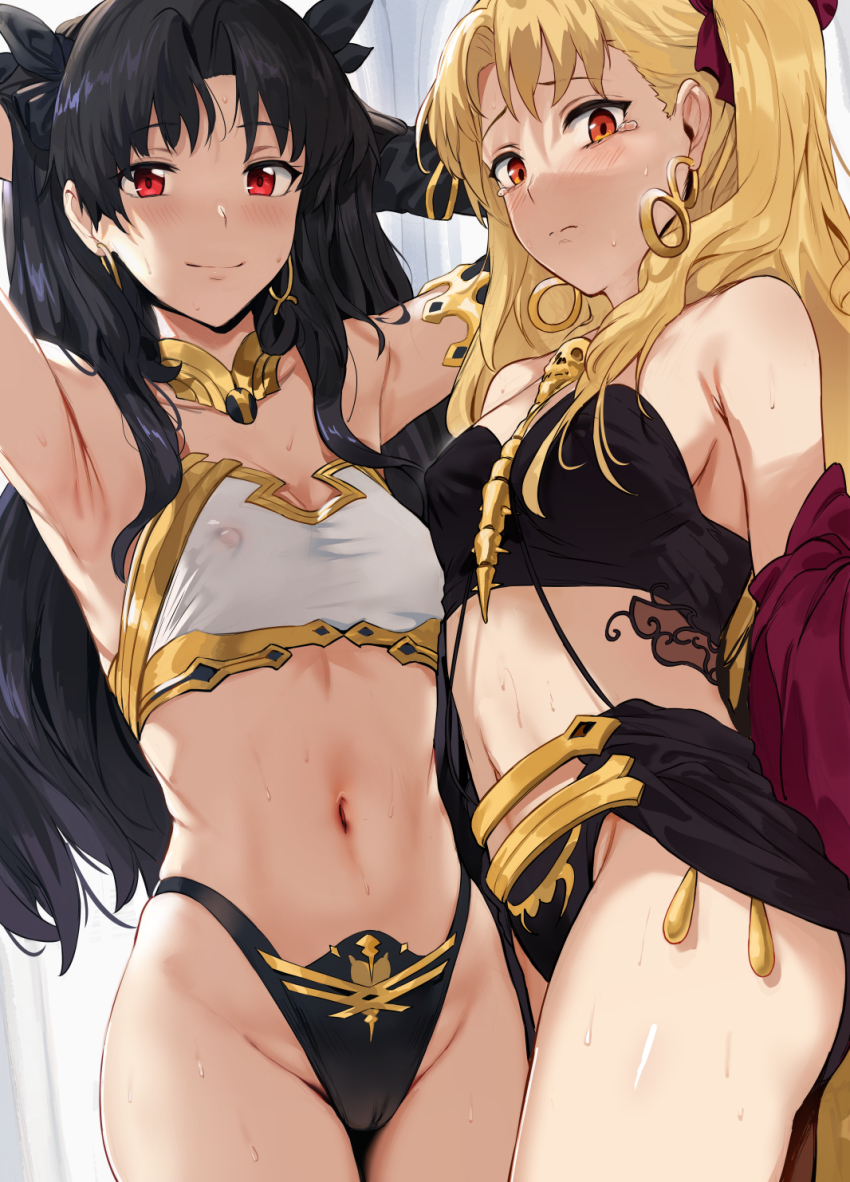 2girls, armlet, armpits, arms_behind_head, bare_shoulders, bikini, black_bikini, black_hair, blonde_hair, blush, breasts, closed_mouth, detached_sleeves, earrings, ereshkigal_(fate), fate/grand_order, fate_(series), female_focus, frown, gold_trim, hair_ribbon, hews, highleg, highleg_bikini, highres, hoop_earrings, ishtar_(fate), jewelry, long_hair, looking_at_viewer, medium_breasts, midriff, mismatched_bikini, multiple_girls, navel, neck_ring, orange_eyes, parted_bangs, red_eyes, ribbon, shawl, siblings, single_detached_sleeve, single_thighhigh, sisters, skindentation, skull, smile, spine, stomach, sweat, swimsuit, tears, thighhighs, thighs, tiara, two_side_up