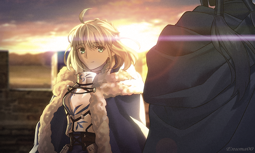 1boy, 1girl, ahoge, aora, armor, armored_dress, artoria_pendragon_(fate), backlighting
