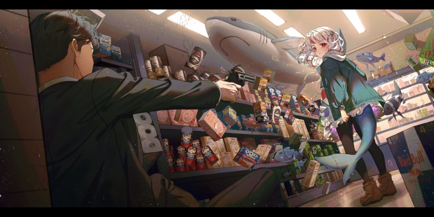1girl, absurdres, aiming, aisle, blue_eyes, blue_hair, blunt_bangs, box, convenience_store, daikazoku63, fins, fish, fish_tail, food, formal_clothes, gawr_gura, gun, handgun, highres, hololive, hololive_english, hood, indoors, jacket, letterboxed, long_hair, looking_at_another, multicolored_hair, oatmeal, paper_towel, pop_tart, product_placement, quaker_oats_company, red_bull, red_hair, revolver, shark, shark_tail, shop, snack, streaked_hair, suit, tail, virtual_youtuber, weapon, white_hair