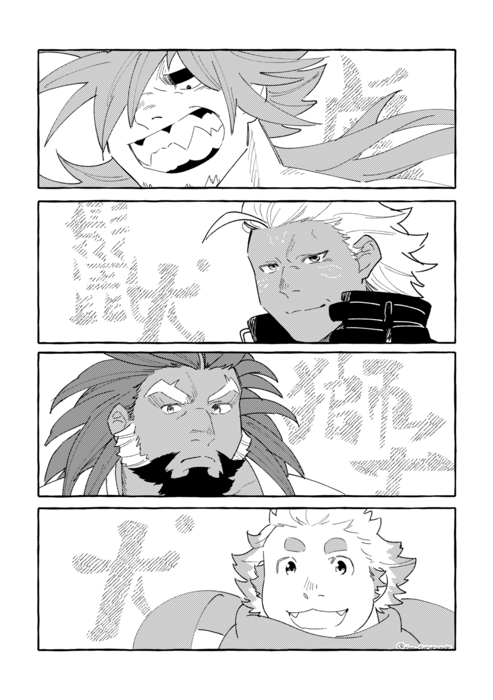 4boys, arsalan_(tokyo_houkago_summoners), bara, beard, character_request, facial_hair, ginn_tnrnrngnsr, goatee, greyscale, highres, humanization, male_focus, mature_male, monochrome, multiple_boys, portrait, sharp_teeth, short_hair, teeth, thick_eyebrows, tokyo_houkago_summoners