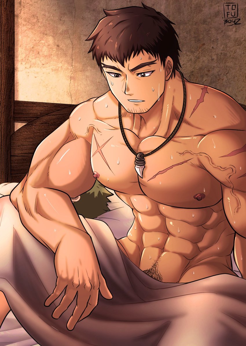 1boy, 2boys, abs, artist_name, bara, black_hair, character_request, dark-skinned_male, dark_skin, dota:_dragon's_blood, dota_(series), dota_2, dragon_knight_(dota), facial_hair, forked_eyebrows, goatee, highres, large_pectorals, male_focus, male_pubic_hair, mature_male, multiple_boys, muscular, muscular_male, navel, navel_hair, nipples, on_bed, pectorals, pubic_hair, pubic_hair_peek, scar, scar_on_chest, short_hair, sleeping, solo, stomach, stubble, sweat, thick_thighs, thighs, tofuboyz, veins