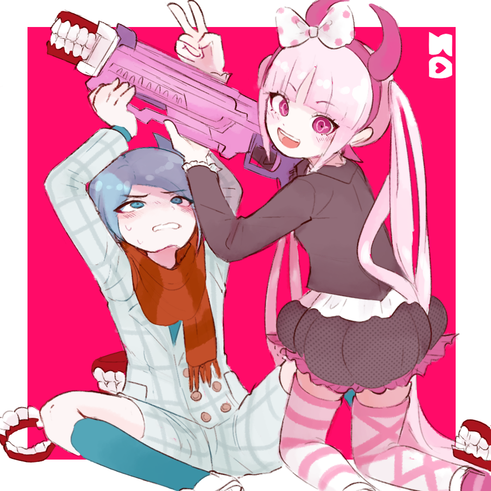 1boy, 1girl, black_dress, blue_background, blue_eyes, blue_hair, blue_horns, blue_shirt