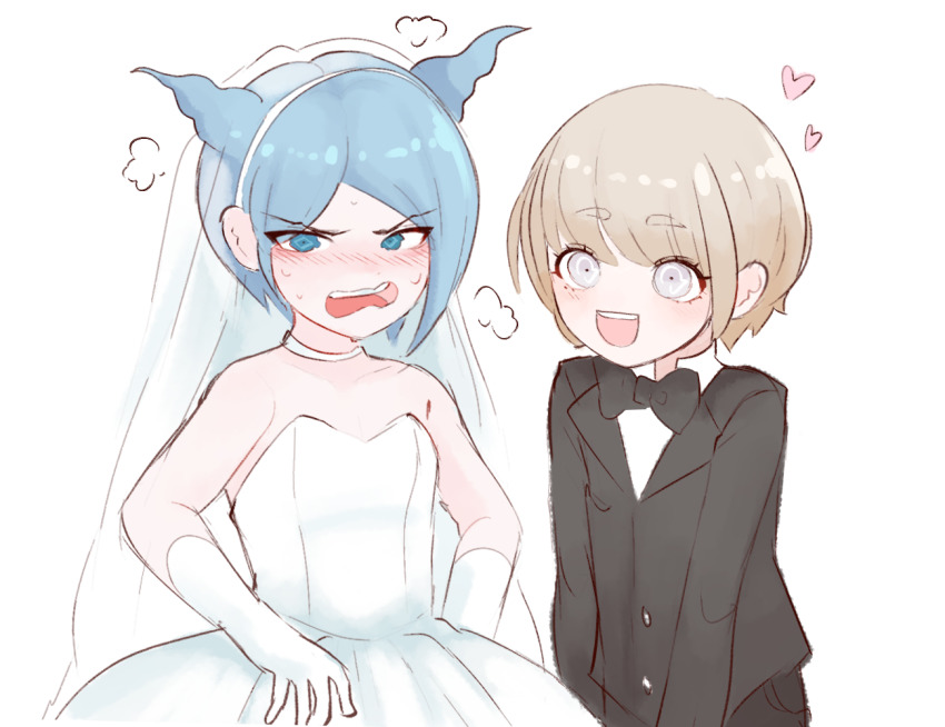 2boys, arms_at_sides, bare_shoulders, black_necktie, blonde_hair, blue_eyes, blue_horns, blush