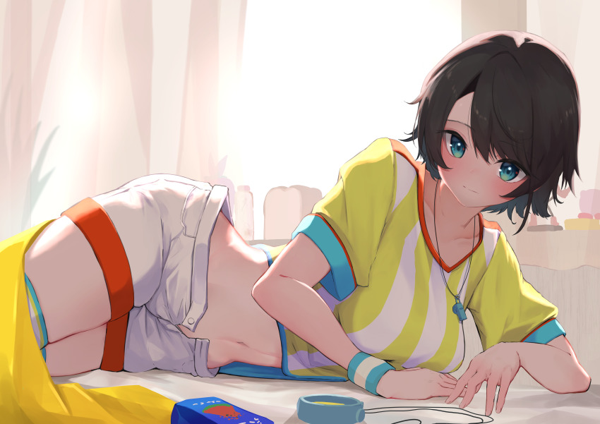 1girl, absurdres, black_hair, blue_eyes, breasts, closed_mouth, commentary_request, highres, hololive, huge_filesize, looking_at_viewer, lying, medium_breasts, midriff, mikaku, navel, on_side, oozora_subaru, oozora_subaru_(1st_costume), open_fly, shirt, short_hair, short_sleeves, shorts, solo, striped_clothes, striped_shirt, thighs, unbuttoned, vertical-striped_clothes, vertical-striped_shirt, virtual_youtuber, whistle, whistle_around_neck, white_shorts