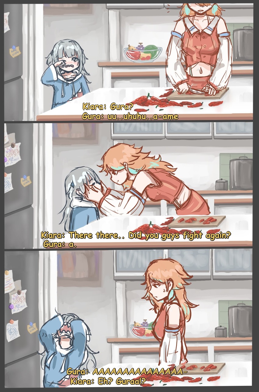 2girls, chili_pepper, comic, crying, english_text, fluxntea, gawr_gura, highres