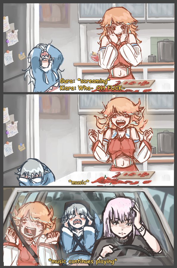 3girls, car, chili_pepper, comic, crying, english_text, gawr_gura, hololive