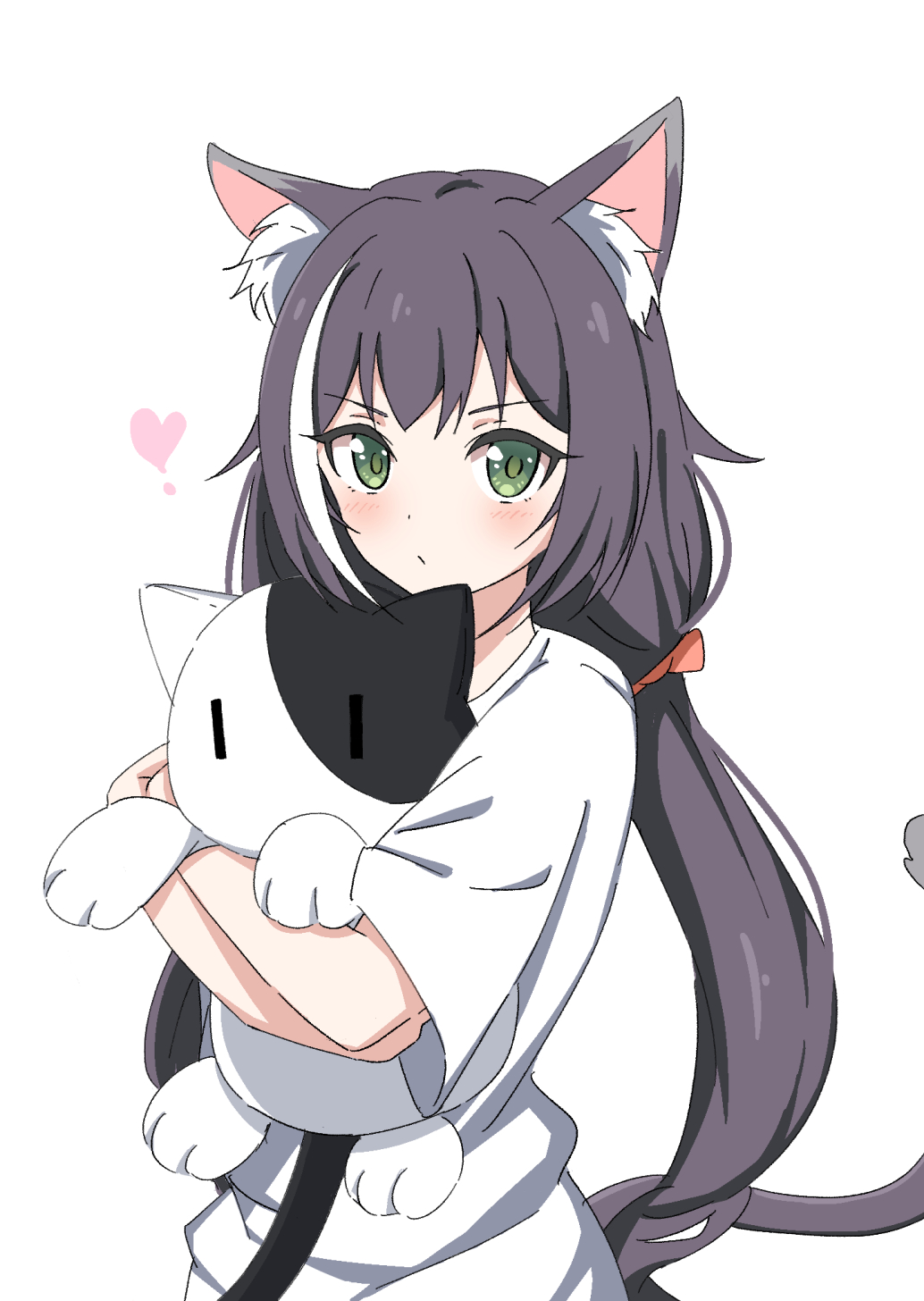 1girl, animal_ear_fluff, animal_ears, black_hair, blouse, blush, cat_ears, cat_girl, cat_tail, green_eyes, highres, karyl_(princess_connect!), kuroha_uma, long_hair, princess_connect!, shirt, simple_background, tail, very_long_hair, white_background, white_shirt