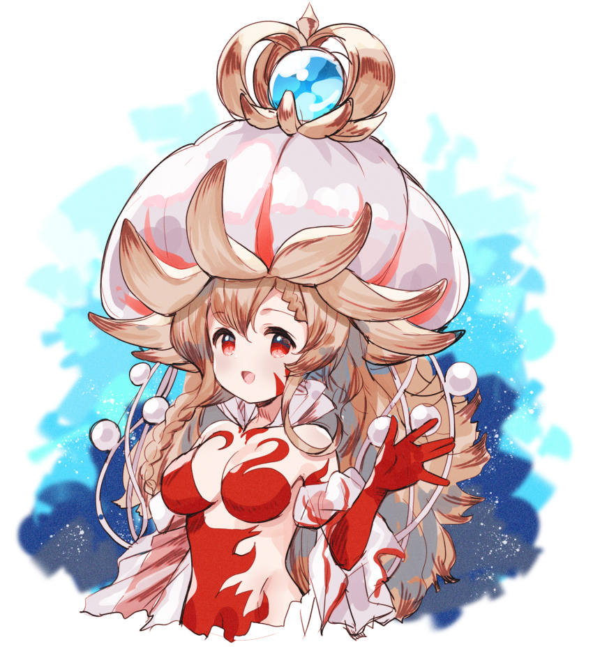 1girl, :d, braid, braided_bangs, breasts, brown_hair, charybdis_(granblue_fantasy), commentary_request, copyright_request, cropped_torso, facial_mark, granblue_fantasy, groin, hair_between_eyes, hand_up, hat, highres, jellyfish_girl, long_hair, looking_at_viewer, medium_breasts, meito_(maze), navel, open_mouth, orb, red_eyes, see-through_clothes, smile, solo, upper_body, very_long_hair, white_hat