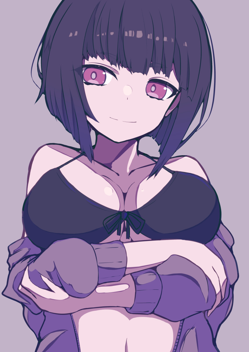 1girl, arms_under_breasts, bare_shoulders, bikini, black_bikini, black_hair, breasts, cleavage