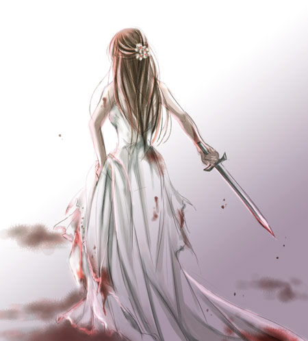 1girl, blood, blood_on_clothes, dress, female_focus, flower, gensou_suikoden, gensou_suikoden_i, gradient_background, long_hair, lowres, odessa_silverberg, red_hair, sagano_(saga_no), solo, sword, weapon, wedding_dress