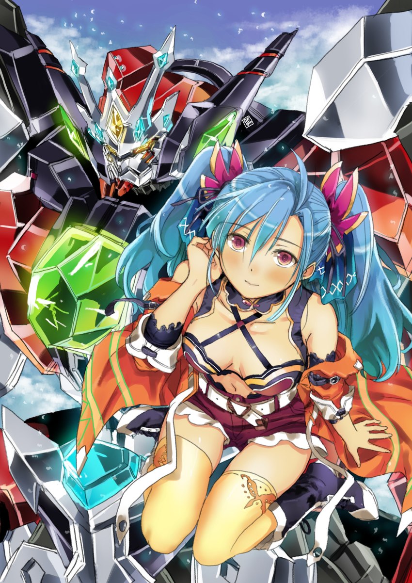 1girl, absurdres, az_sainklaus, bad_id, bad_pixiv_id, blue_hair, blush, boots, breasts, cleavage, collarbone, garimpeiro, gravalin, hair_behind_ear, highres, jacket, long_hair, mecha, medium_breasts, navel, orange_jacket, purple_eyes, purple_footwear, red_shorts, robot, science_fiction, shorts, sitting, smile, super_robot, super_robot_wars, super_robot_wars_30, thighhighs, twintails
