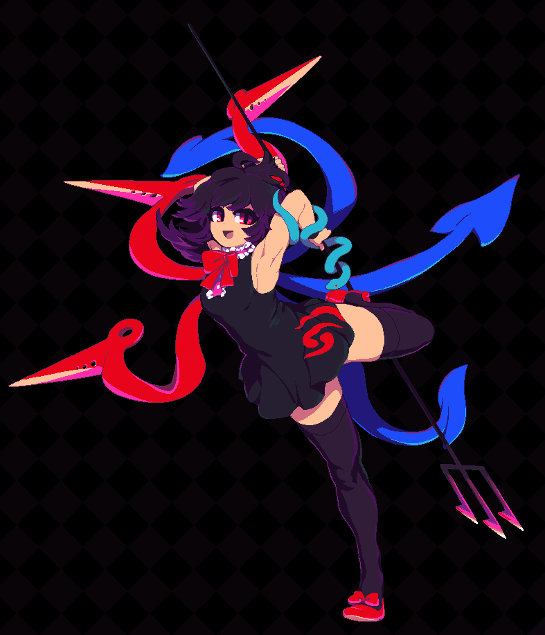 1girl, :d, ahoge, armpits, arms_up, asymmetrical_wings, black_background, black_dress