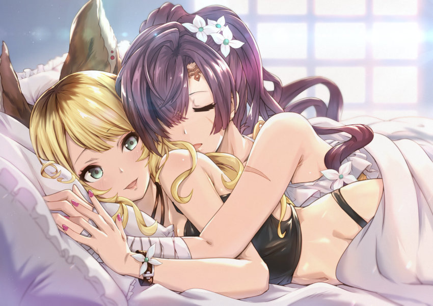 2girls, animal_ears, bandaged_arm, bandages, bed, bed_sheet, blonde_hair, bracelet, brown_eyes, closed_eyes, commentary_request, ear_piercing, erune, flower, granblue_fantasy, hair_flower, hair_ornament, jewelry, light, lips, lipstick, long_hair, looking_back, makeup, mari_(granblue_fantasy), meg_(granblue_fantasy), midorinocha, multiple_girls, nail_polish, open_mouth, piercing, pillow, ponytail, scar, scar_across_eye, scar_on_arm, scar_on_face, sleeping, sleeping_on_person, smile, window, yellow_eyes, yuri