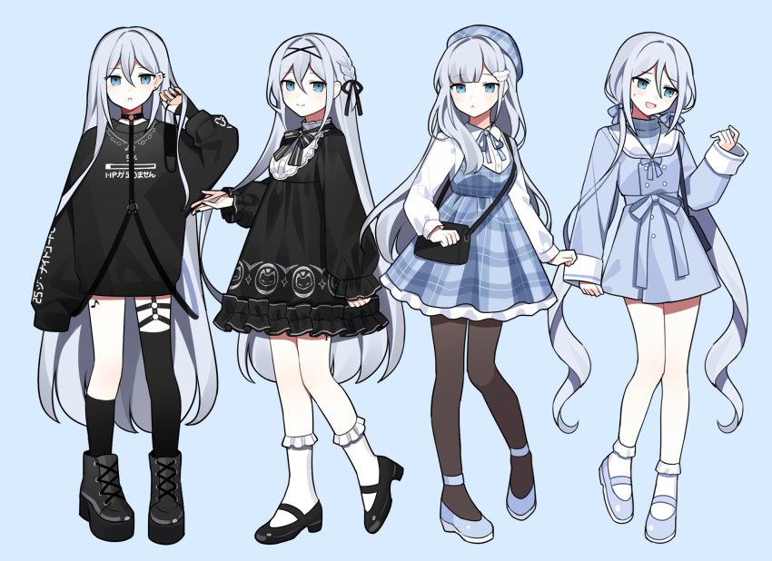 4girls, beret, black_bag, black_dress, black_footwear, black_hairband, black_legwear, black_nails