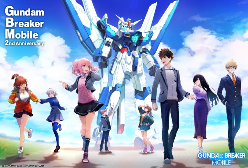 3boys, 5girls, ^_^, absurdres, aizen_touma, anniversary, black_hair, black_skirt, blazer, blonde_hair, blue_eyes, blue_jacket, blue_skirt, blue_sweater, breasts, brown_hair, character_request, closed_eyes, collared_shirt, floating_hair, formal_clothes, fudou_ryuusei, glasses, green_jacket, grey_jacket, gundam, gundam_breaker_3, gundam_breaker_battlogue, gundam_breaker_mobile, gundam_helios, high_ponytail, highres, holding_hands, hood, hoodie, ichinose_yuri, jacket, kotomori_ren, kuzunoha_rindou, long_hair, long_skirt, mecha, medium_breasts, miyama_sana, mobile_suit, multiple_boys, multiple_girls, necktie, official_art, pink_eyes, pink_hair, pink_sweater, pointing, ponytail, purple_eyes, purple_skirt, red_hoodie, red_neckwear, robot, satsukino_misa, school_uniform, science_fiction, shirt, short_hair, skirt, small_breasts, smile, suit, sweater, topknot, twintails, v-fin, white_shirt