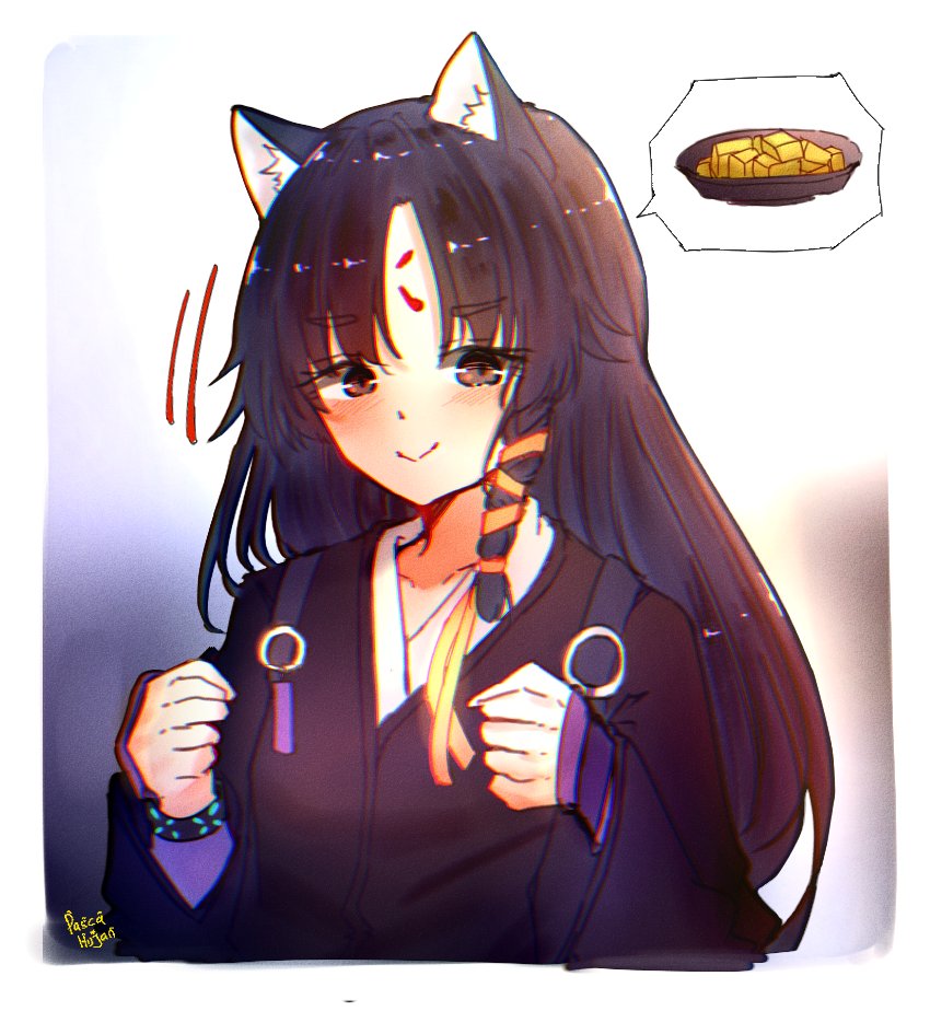 1girl, animal_ears, arknights, artist_name, black_hair, black_kimono, brown_eyes, collarbone