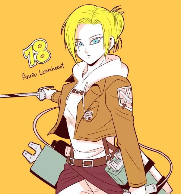 1girl, android_18, annie_leonhart, belt, blonde_hair, blue_eyes, cosplay, cowboy_shot, hood, hoodie, jacket, looking_at_viewer, pesogin, shingeki_no_kyojin, solo, sword, thigh_strap, three-dimensional_maneuver_gear, weapon