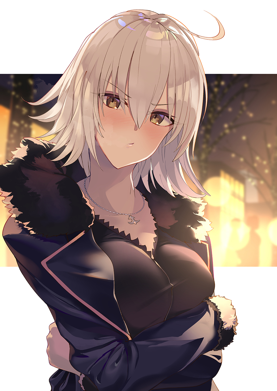 1girl, ahoge, blush, breasts, closed_mouth, coat, crossed_arms, facing_viewer, fate/grand_order, fate_(series), fur-trimmed_coat, fur_trim, hair_between_eyes, highres, jacket, jeanne_d'arc_(fate), jeanne_d'arc_alter_(fate), jeanne_d'arc_alter_(ver._shinjuku_1999)_(fate), jewelry, large_breasts, long_sleeves, looking_at_viewer, necklace, official_alternate_costume, pout, shirt, short_hair, silver_hair, solo, soupchan, wicked_dragon_witch_ver._shinjuku_1999, yellow_eyes