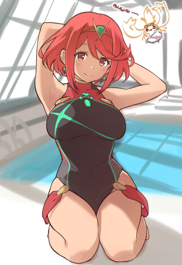 1boy, 1girl, armpits, arms_behind_head, bare_shoulders, breasts, closed_mouth, competition_swimsuit, earrings, indoors, jewelry, kiikii_(kitsukedokoro), kitsukedou, large_breasts, leotard, looking_at_viewer, navel, nintendo, nopon_(xenoblade), one-piece_swimsuit, pool, pyra_(xenoblade), red_eyes, red_hair, rei_no_pool, seiza, short_hair, sitting, smile, solo, swimsuit, tora_(xenoblade_2), xenoblade_chronicles_(series), xenoblade_chronicles_2