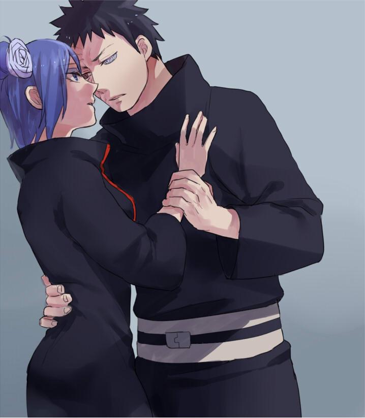 1boy, 1girl, akatsuki_(naruto), akatsuki_uniform, arm_around_another's_waist, black_coat, black_hair, blue_hair