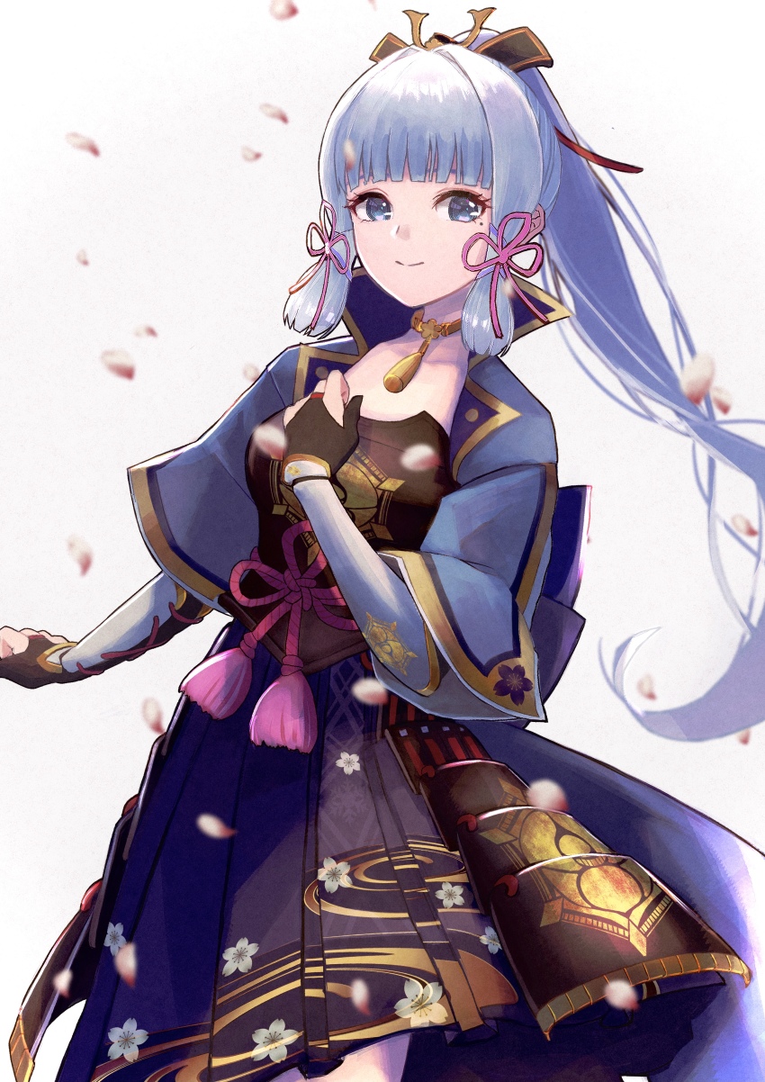 1girl, absurdres, armor, armored_dress, ayaka_(genshin_impact), blunt_bangs, blurry, bow