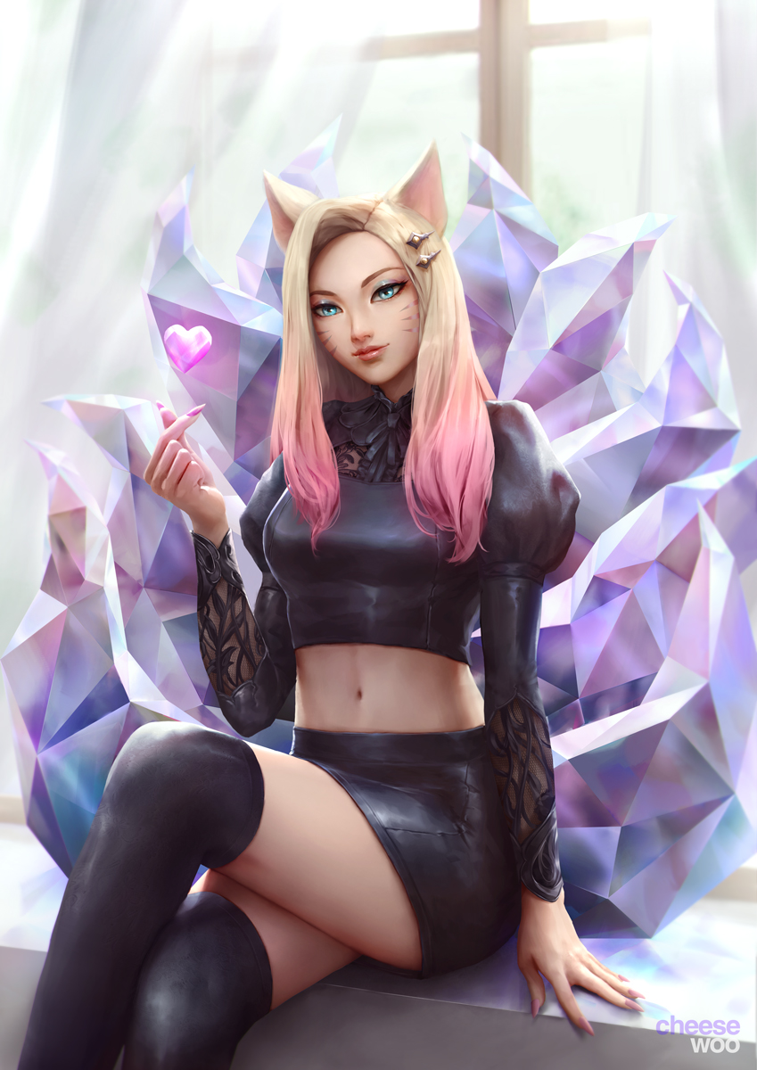 1girl, ahri_(league_of_legends), animal_ears, artist_name, blonde_hair, blue_eyes, breasts, cheesewoo