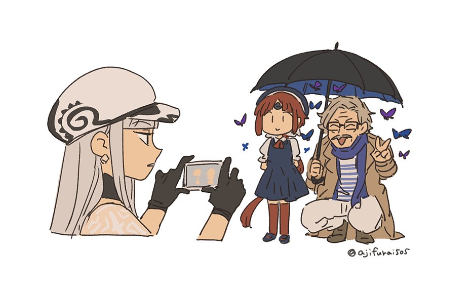 1boy, 2girls, :d, ^_^, animal, arms_behind_back, asaya_minoru, beni-enma, beni-enma_(tour_outfit), black-framed_eyewear, black_dress, black_footwear, black_gloves, black_umbrella, blue_scarf, brown_coat, brown_footwear, brown_hair, brown_legwear, bug, butterfly, carmilla_(fate), carmilla_(tour_outfit)_(fate), cellphone, closed_eyes, closed_mouth, coat, cropped_torso, dress, facial_hair, fate/grand_order, fate_(series), glasses, gloves, grey_hair, grey_pants, hat, holding, holding_phone, holding_umbrella, insect, james_moriarty_(archer)_(fate), james_moriarty_(tour_outfit)_(fate), long_hair, low_ponytail, multiple_girls, mustache, newsboy_cap, open_clothes, open_coat, open_mouth, pants, phone, ponytail, puffy_short_sleeves, puffy_sleeves, purple_eyes, scarf, see-through_clothes, shirt, shoes, short_sleeves, simple_background, sleeveless, sleeveless_dress, smile, squatting, striped_clothes, striped_shirt, thighhighs, twitter_username, umbrella, v, very_long_hair, white_background, white_headwear, white_shirt