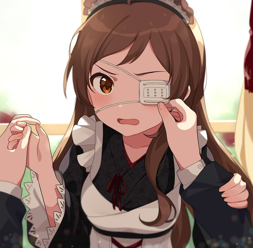 1boy, 1girl, apron, black_kimono, blush, brown_eyes, brown_hair, embarrassed, eyepatch, idolmaster, idolmaster_million_live!, idolmaster_million_live!_theater_days, inuyama_nanami, japanese_clothes, kimono, kitazawa_shiho, kitazawa_shiho_(depths_of_twilight_maid), looking_at_viewer, maid, maid_headdress, one_eye_covered, open_mouth, pov, pov_hands, red_ribbon, ribbon, solo_focus, wa_maid, white_apron