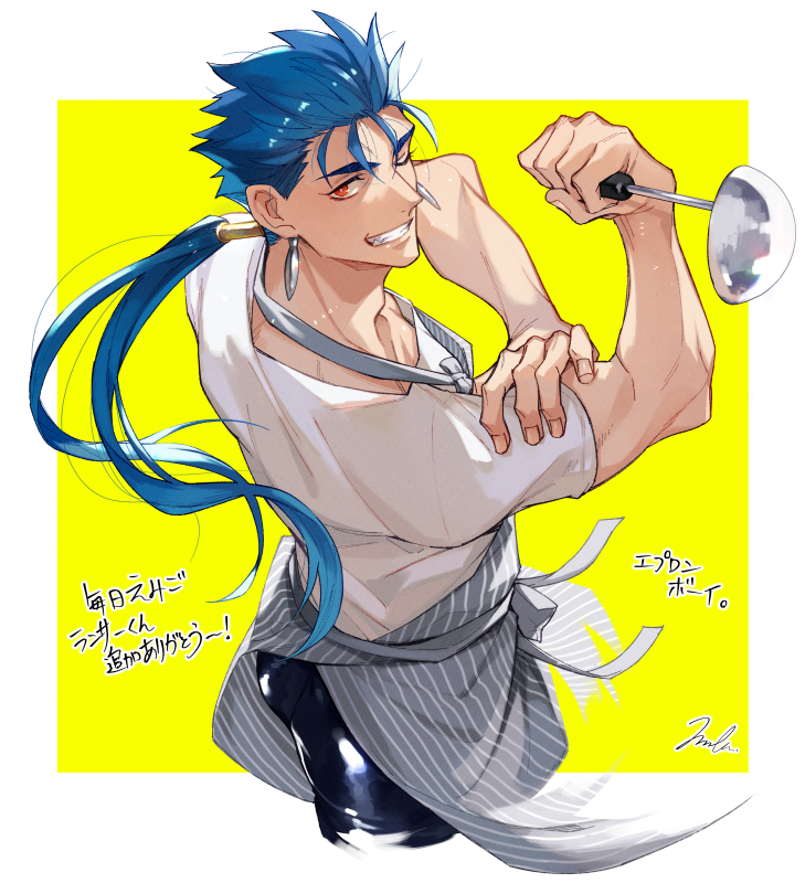 1boy, apron, biceps, blue_hair, closed_mouth, cu_chulainn_(casual_wear)_(fate), cu_chulainn_(fate), cu_chulainn_(lancer)_(fate), earrings, emiya-san_chi_no_kyou_no_gohan, fang, fate/stay_night, fate_(series), flexing, floating_hair, grin, holding, holding_ladle, jewelry, ladle, long_hair, looking_at_viewer, makina_(nikki_m7_), male_focus, muscular, muscular_male, one_eye_closed, ponytail, red_eyes, shirt, short_sleeves, smile, solo, spiked_hair, t-shirt
