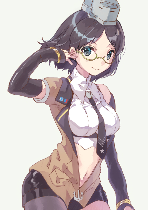 1girl, black_hair, black_legwear, black_necktie, black_shorts, blue_eyes, blush, breasts, cosplay, crop_top, detached_sleeves, green-framed_eyewear, grey_background, headgear, kantai_collection, kirishima_(kancolle), medium_breasts, mitsuyo_(mituyo324), navel, necktie, shirt, short_hair, shorts, simple_background, single_leg_pantyhose, solo, south_dakota_(kancolle), south_dakota_(kancolle)_(cosplay), white_shirt